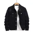 Trendy men's black distressed denim jacket featuring ripped details and chest pockets - S / Tops / Black