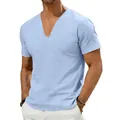 Vue détaillée d'un t-shirt en lin bleu clair à col en V montrant la texture et la coupe - Bleu clair