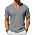 Detailed view of the deep V-neck and linen fabric texture of a casual grey men's t-shirt - S / Tops / Dark Gray