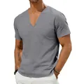 Détail d'un t-shirt en lin gris pour hommes avec col en V profond et coupe décontractée - Gris foncé