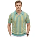Professional studio shot of a men's summer knit polo shirt with yellow and mint stripes - M / Tops / Blue