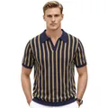 Stylish men's vertical striped knit polo shirt in navy and gold for summer casual wear. - M / Tops / Navy Blue