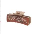 Western style hair claw clip with sunflower embroidery on orange leather patch - Sunflower Embroidery Style (90095) / Beige/Dark Reddish Brown