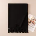 Elegant black wool blend scarf with fringe for women, winter warm shawl - Black (FH26-6127-16)