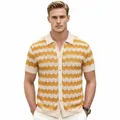 Premium men's mesh knit Polo shirt with yellow zigzag stripes and button-down front - M / Tops / Yellow