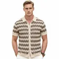 Stylish men's short-sleeved knitted Polo shirt with zigzag patterns and breathable mesh. - M / Tops / Brown