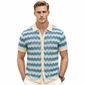 Men's short sleeve knit polo cardigan with blue and white wavy stripes - M / Tops / Blue