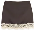 Elegant dark brown mini skirt featuring a wide cream eyelash lace hem, flat SKU view - XS / Bottoms / Dark Brown