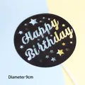 Black Happy Birthday cake topper with gold glitter stars, 9cm diameter size. - Round HB Star Black