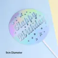 Holographic iridescent round Happy Birthday cake topper plug-in, 9cm diameter SKU - Round HB Star Silver