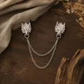 Vintage silver dragon head chain brooch for men's suit lapel with double layer chain - Silver