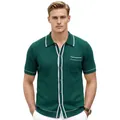 Men's green ribbed knit polo cardigan with white contrast piping and lapel collar - M / Tops / Green