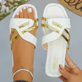 Elegant white and gold flat slide sandals for women with stylish cross-strap design - 36 / White