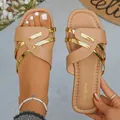 Women's stylish flat beige sandals with gold metallic strips for casual summer wear - 36 / Khaki
