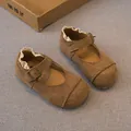 Vintage brown suede girls Mary Jane flats with lace trim and bronze metal buckle - 21 / Khaki