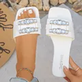 Élégantes claquettes blanches d'été pour femmes avec boucles en cristaux brillants - 35 / Blanc
