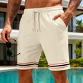 Men's off-white quick-dry casual shorts with striped trim for summer beach vacation - S / Bottoms / Apricot