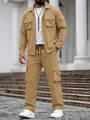 Fashionable men's khaki cargo jacket and pants two-piece set with multiple pockets - S / Top And Bottom / Khaki