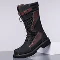 Men's retro high-top leather motorcycle boots with metal toe and lace-up straps - 38 / Brown