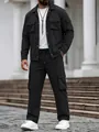 Full body view of a stylish men's black cargo jacket and pants set in a city setting - S / Top And Bottom / Black