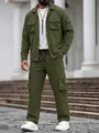 Fashionable olive green men's cargo jacket and pants set with functional multi-pocket design - S / Top And Bottom / Army Green