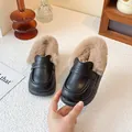 Black leather children's winter loafers featuring warm beige faux fur lining and soft soles - 26 / Black