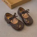 Chaussures Mary Jane classiques en cuir marron foncé pour filles avec nœud et semelle souple. - 21 / Marron