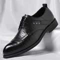 Classic men's black leather business dress shoes with hand-grabbed texture and lace-up - Black