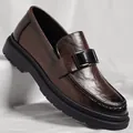 Elegant brown leather loafers for men featuring unique hand-grabbed texture and buckle - 38 / All-season Tawny