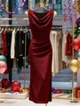 Elegante abito lungo bordeaux glitterato con scollo a cappuccio, arricciato e spacco - Taglia S / Vestiti / Borgogna