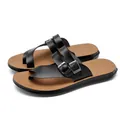 Stylish men's black PU leather flip-flops with adjustable buckles for summer beach - 38 / Black