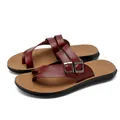Men's stylish reddish-brown PU leather flip-flop sandals with metal buckles for beach - 38 / Burgundy