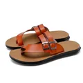 Men's orange PU leather flip-flops with double buckle straps and black non-slip soles - 38 / Tan