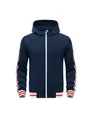 Vue de face du sweat à capuche zippé bleu marine pour homme avec bandes rayées rouges et blanches - S / Hauts / Bleu marine