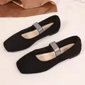 Women's black suede flat shoes with rhinestone strap and stylish square toe design - 35 / Black