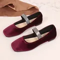 Detailed view of burgundy velvet Mary Jane flats with sparkling rhinestone straps - 35 / Rose Red