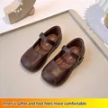 Elegant vintage brown leather Mary Jane shoes for girls with soft sole and strap - 28 / Brown