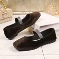 Elegant brown velvet flat shoes featuring sparkly rhinestone straps and square toe design - 35 / Brown