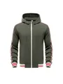 Front view of army green men's hooded zip-up sweatshirt with sporty sleeve stripes. - Army Green