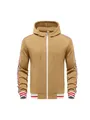 Vue de face détaillée du sweat à capuche kaki pour homme avec manches et poignets rayés - S / Hauts / Kaki