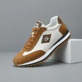 Baskets de mode pour hommes en cuir véritable marron et blanc au design rétro runner - 38 / Abricot Blanc