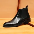 Elegant men's retro black leather Chelsea boots featuring detailed script engraving - 38 / Black