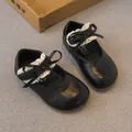 Black leather girls' Mary Jane shoes with elegant lace trim and ribbon bow decoration - 21 / Black