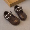 Toddler girl soft sole brown leather princess shoes with lace bow accent details - 21 / Brown