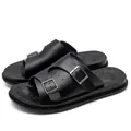 Premium black PU leather sandals for men featuring double adjustable silver buckles - 38 / All Black