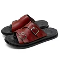Stylish men's reddish-brown PU leather outdoor slides with dual adjustable buckles - 38 / Burgundy