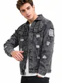 Men's snow wash grey denim jacket with distressed ripped details for street fashion - S / Tops / Black
