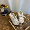 Detail view of white woven mesh Mary Jane shoes with breathable mesh and Velcro strap. - Size 30 (19.3cm) / Off White