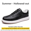 Men's breathable black cowhide leather sneakers with white sole, summer casual style - 38 / Black Hollow Grid Style