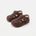 Vintage brown suede toddler Roman sandals with soft sole and hollow closed-toe design - Coffee Brown / Size 17/Inner Length 13.5cm